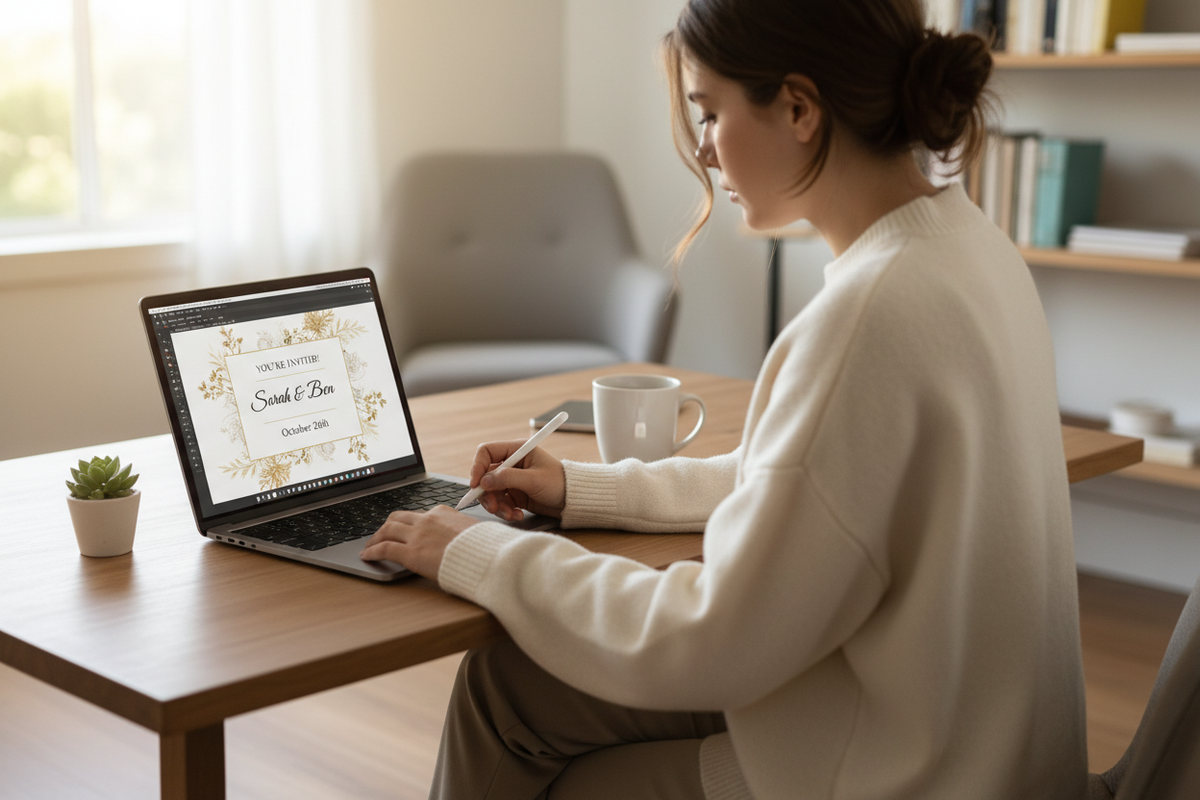 A woman creating a digital invitation on a laptop