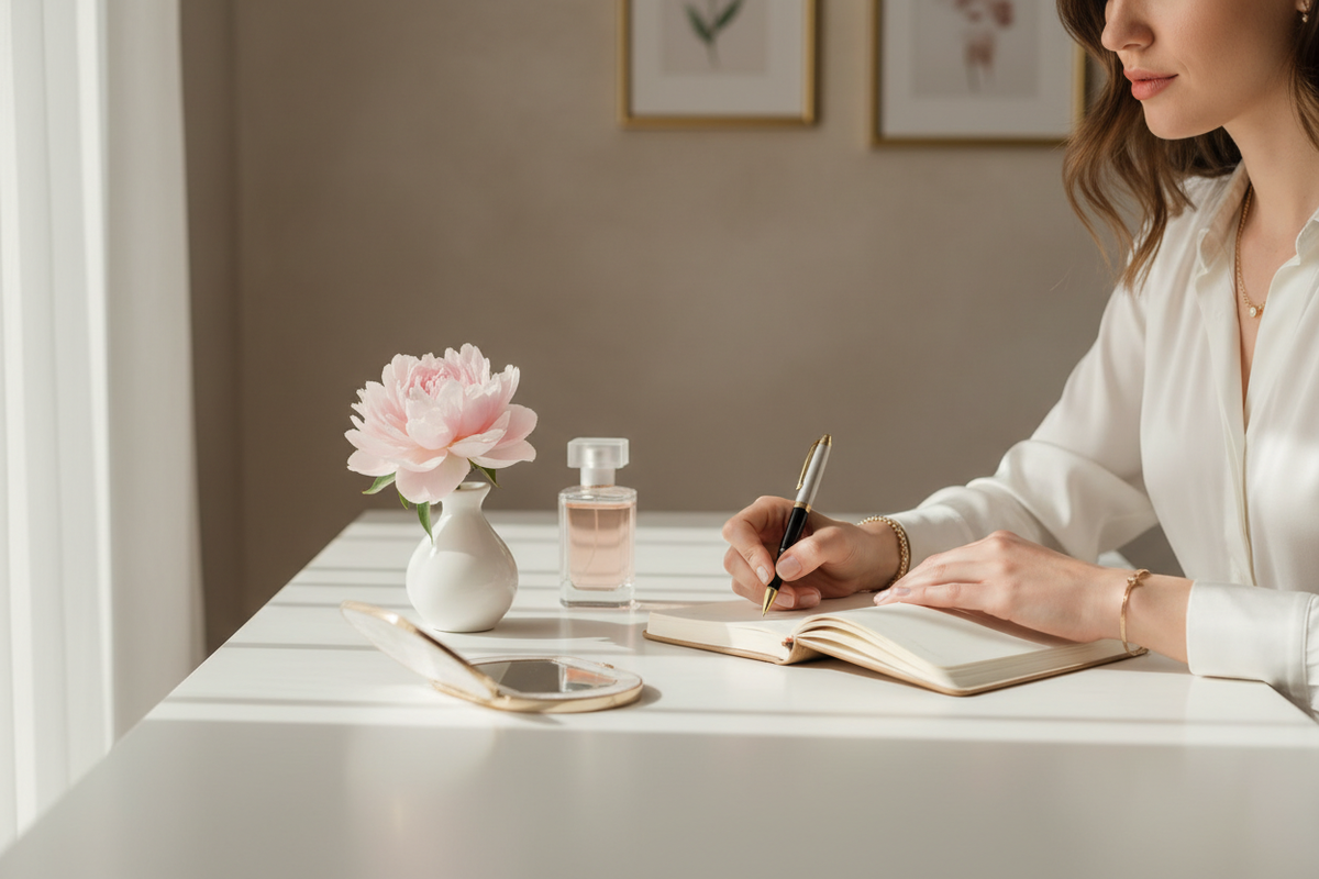 Woman writing in a notebook at a desk